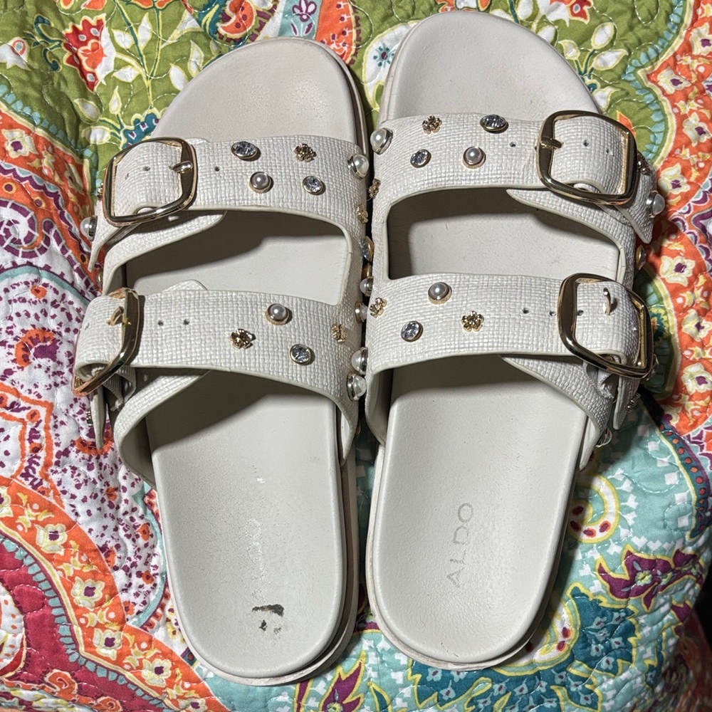 Aldo Cream Sandals with Gold, Silver, & Pearl Details